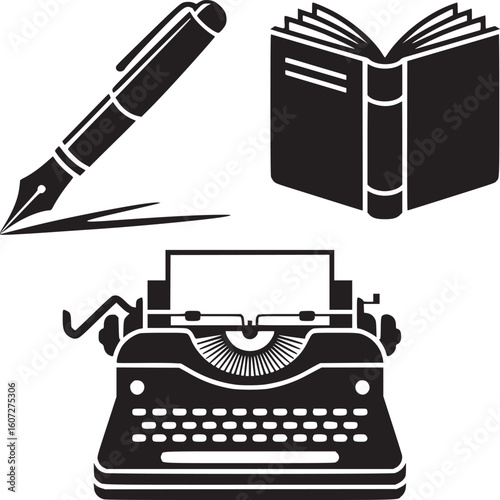 Writing tools and literature concept: vintage typewriter, quill pen, and open book illustration