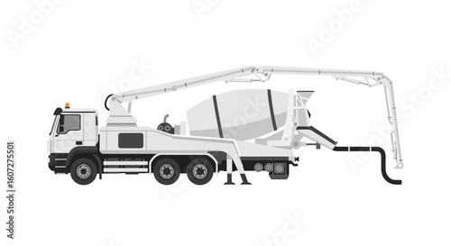 Illustrated cement mixer truck with pump, vehicle of civil engineering, construction site transport equipment isolated on white background