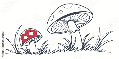 Red fly agaric toadstool mushrooms in green grass, an isolated cartoon nature illustration