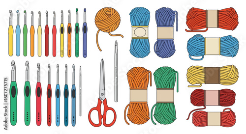 Vibrant Array of Crochet Essentials: Hooks, Yarns, and Tools for Crafting Artful Creations