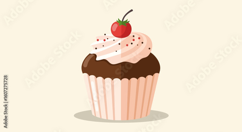 A Delightful Cupcake Illustration: A Sweet Treat with Cherry Topping and Sprinkles in Vector Format