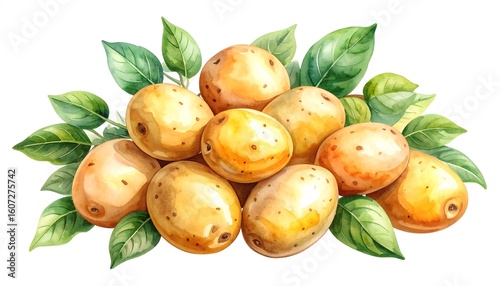 Watercolor illustration of a cluster of potatoes with leaves