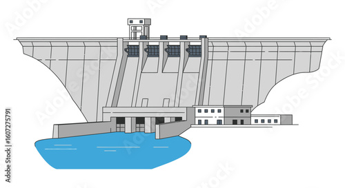 Detailed architectural linear illustration of a concrete dam, presenting a blend of engineering and renewable water power production for an
