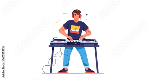 Energetic DJ Performing Live with Turntables and Headphones on White Backdrop Design