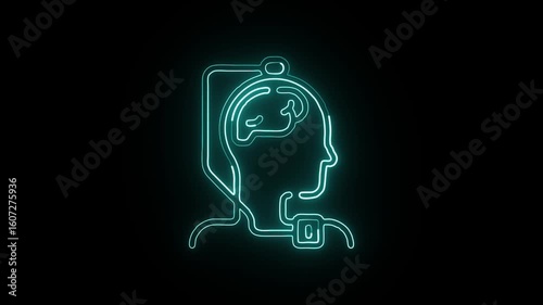 Glowing neon deep brain stimulation icon animation with black background. HD animated outline neural implant video loop

