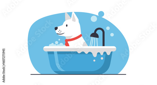 Cartoon vector illustration of a dog taking a bath in a blue tub, conveying cleanliness, health, and animal care in a minimalist aesthetic