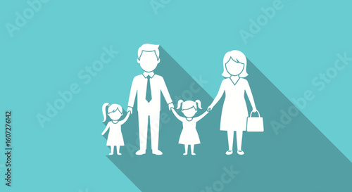 Stylized family icon on a teal backdrop showcasing parental care and familial bonds in vector style