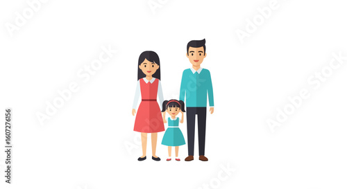 Cartoon illustration showcasing a stylized family portrait with father, mother, and daughter posing on a white background for diverse applications