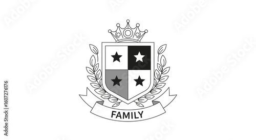 Sophisticated family crest design featuring a shield, crown, stars and laurel leaves, perfect for heraldry or logo use, elegant and royal emblems