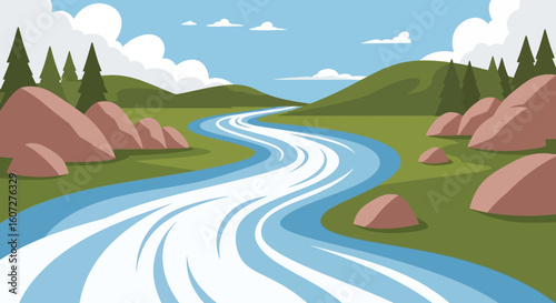 Scenic Riverside Landscape Illustration with Rolling Hills and Blue Winding Stream