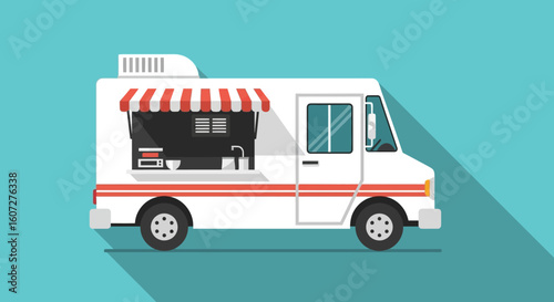 Stylized Food Truck Illustration with Red and White Awning and Long Shadow, On Turquoise Background