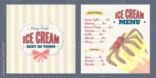 Ice Cream Menu design template. Layout concept with cold dessert for cafe and restaurant. Different flavors of ice cream with prices. Vector illustration.