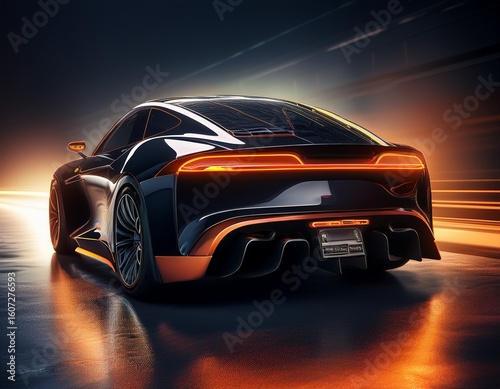 sleek black sports car rear view illuminated