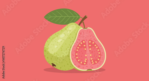 Vibrant illustration of fresh guava fruits on a plain background revealing juicy pink flesh and edible seeds in a cut section
