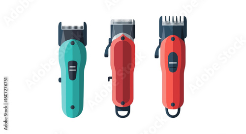 Colorful Flat Vector Illustration Featuring Three Hair Clippers in Various Colors and Styles Ready for Hairdressing, Professional Haircut, and