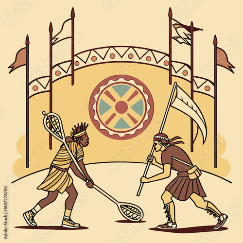 Two figures playing a game with lacrosse sticks in front of a decorated backdrop with flags and a wheel