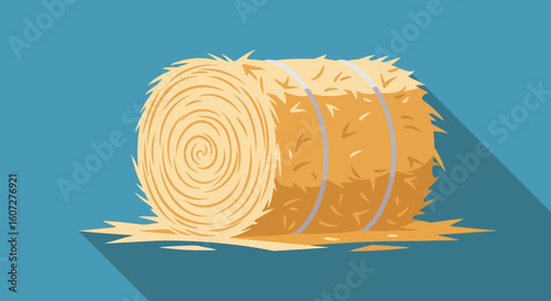 Illustration of a hay bale with circular pattern against a plain teal background farm harvest illustration cartoon art rural