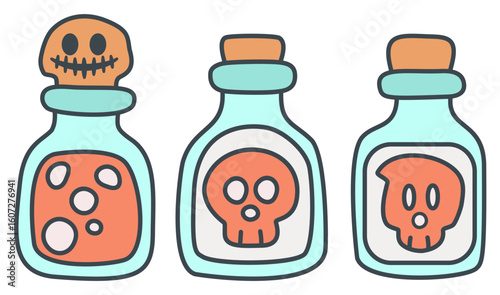 Halloween magical potions in glass bottles with skull labels create spooky and enchanting atmosphere perfect for festive celebrations