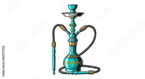 Stylized ornate turquoise hookah illustration with geometric patterns and intricate detail, isolated on a pristine white backdrop evoking traditions