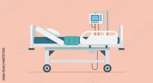 Hospital bed equipped with a monitor used for patient care within the medical environment depiction