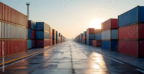 Industrial port with containers in the cargo