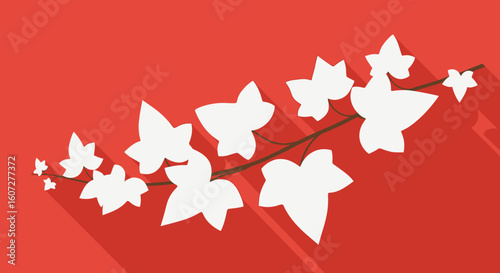 Stylized Ivy Branch Illustration with Long Shadows on Vibrant Red Background