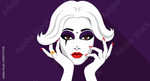 Expressive stylized harlequin face with makeup, embodying theatrical allure and artistic representation on deep purple background
