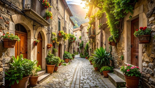 Quaint European alleyway, vibrant with flowers