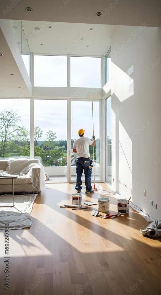Fototapeta premium Painter applying white paint to a tall wall in a spacious, sunlit modern living room. 