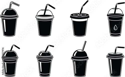 Set of eight stylized black and white drawings of iced coffee drinks with straws and lids