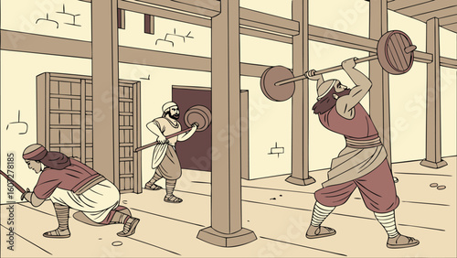 Ancient workout scene depicting men exercising with weights in a historical setting with pillars
