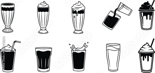 Set of hand drawn sketch style iced coffee drinks with whipped cream and drizzles in tall glasses
