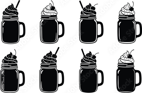 Set of eight hand drawn black and white silhouettes of iced coffee drinks in mason jars with whipped cream and straws