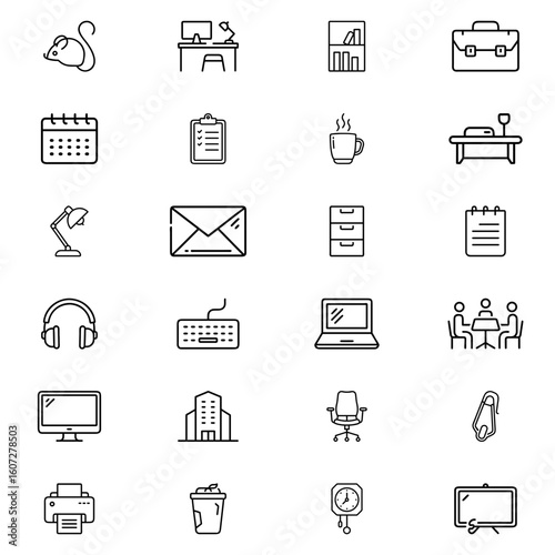 Illustration of various office and workplace icons including furniture supplies and technology items