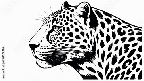 Artistic black and white illustration of a leopard s head in profile view facing left