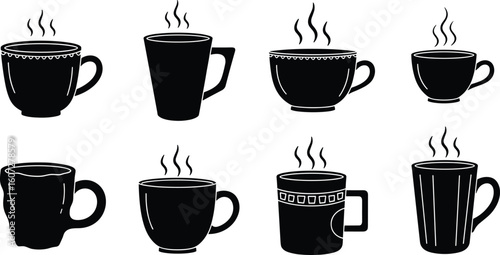 Set of eight black coffee mugs with steam rising from the hot beverages inside