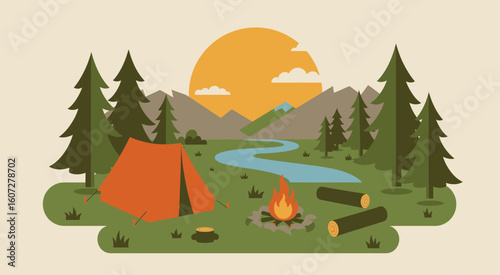 Camping in the wilderness with tent campfire and beautiful mountain scenery