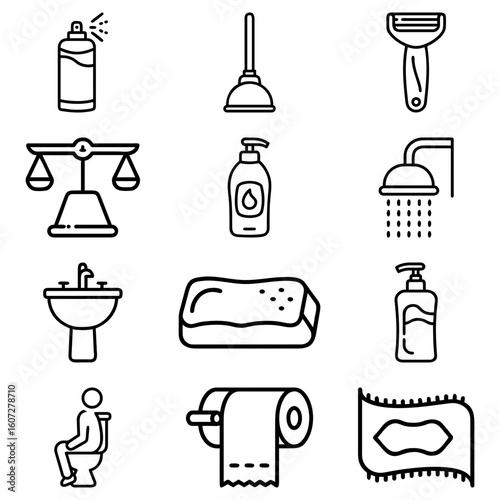 Outline bathroom icons depicting toilet, sink, shower, and various toiletry and cleaning supplies items shown
