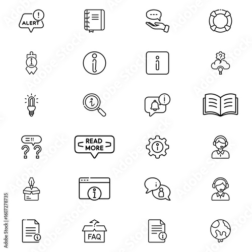 Collection of information and support icons including alert book hand lifebuoy and other support symbols