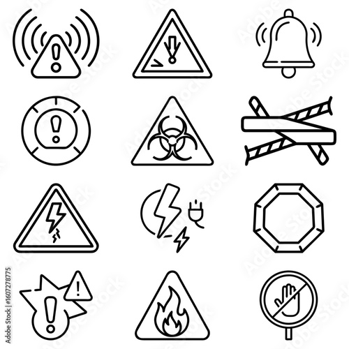 Collection of black and white warning signs including hazard, biohazard, and electrical warnings icons