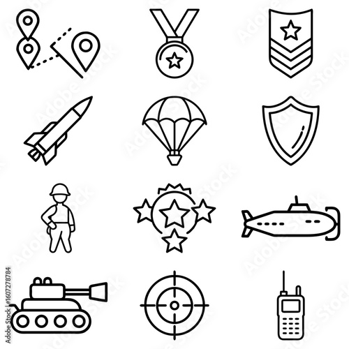 Collection of military themed icons including soldier tank missile and other related symbols shown here