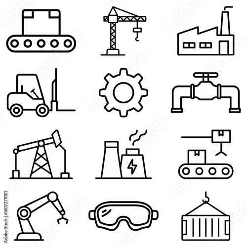 Illustration showing various industrial and manufacturing icons including machinery and safety equipment