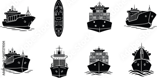 Set of eight distinct cargo ships and a missile in a stylized black and white illustration on a white background