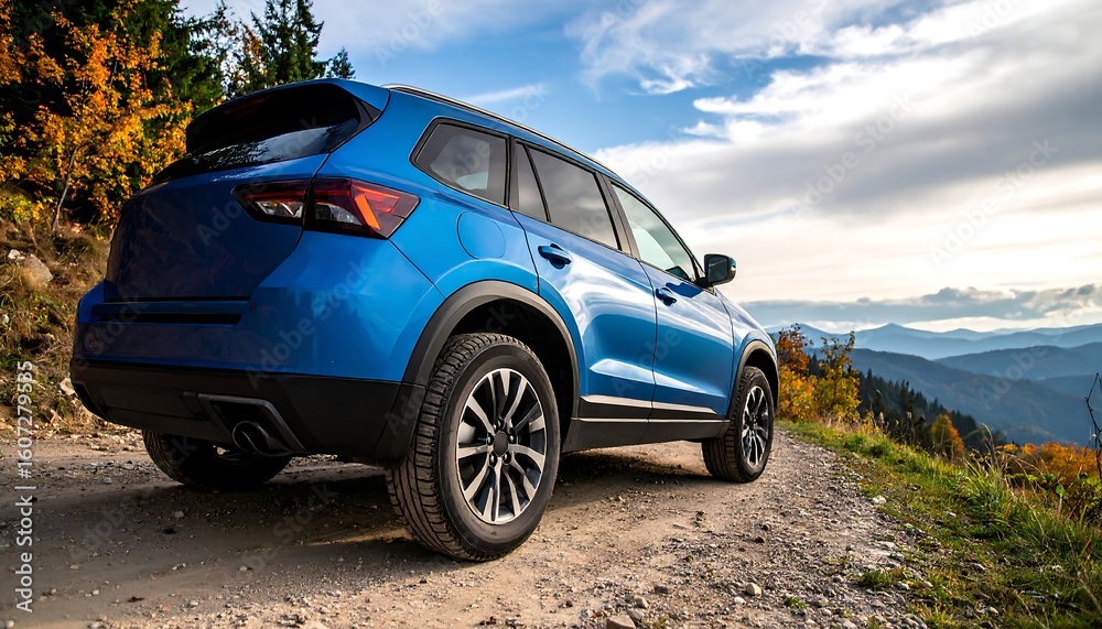 Blue SUV on a mountain path Blue SUV on a mountain path