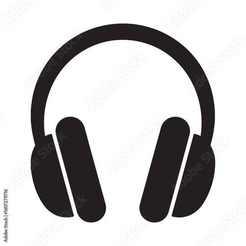 A simple black and white icon illustration of a headset with a microphone. 