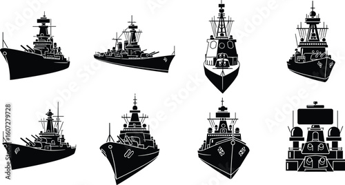 Set of diverse warship silhouettes in a graphic illustration style on a white background