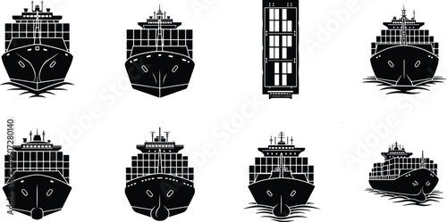Set of stylized black and white illustrations of antique sailing ships and a tall rectangular structure on a white background