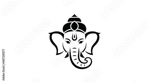 Lord Ganeshas head in black and white, perfect for religious publications, cultural designs, t shirts, and spiritual products.