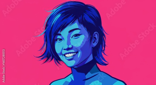 Artistic Duotone Portrait of a Smiling Woman in Blue