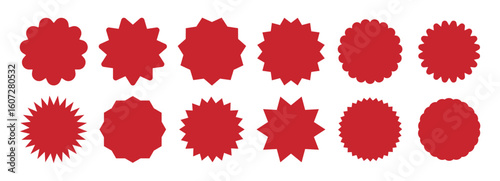 Starburst red sticker set - collection of special offer sale round  sunburst labels and buttons. tickers and badges with star edges for promo advertising. Promo stickers with star edges. Vector.